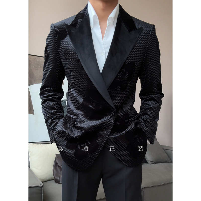 New Light Luxury High-End Men's Fashion Slim Fit Velvet Single-Breasted Jacket 11213