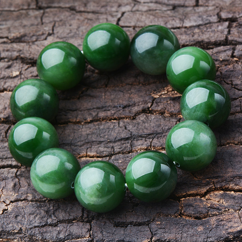 Xinjiang Hetian jasper bracelet 18mm12 pieces, less black spots, spinach green, round, uncracked, and rotten men's bracelets