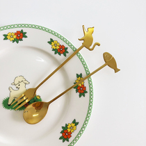 Japan imported gold stainless steel gilded cute cat coffee mixing spoon dessert spoon fork spoon set