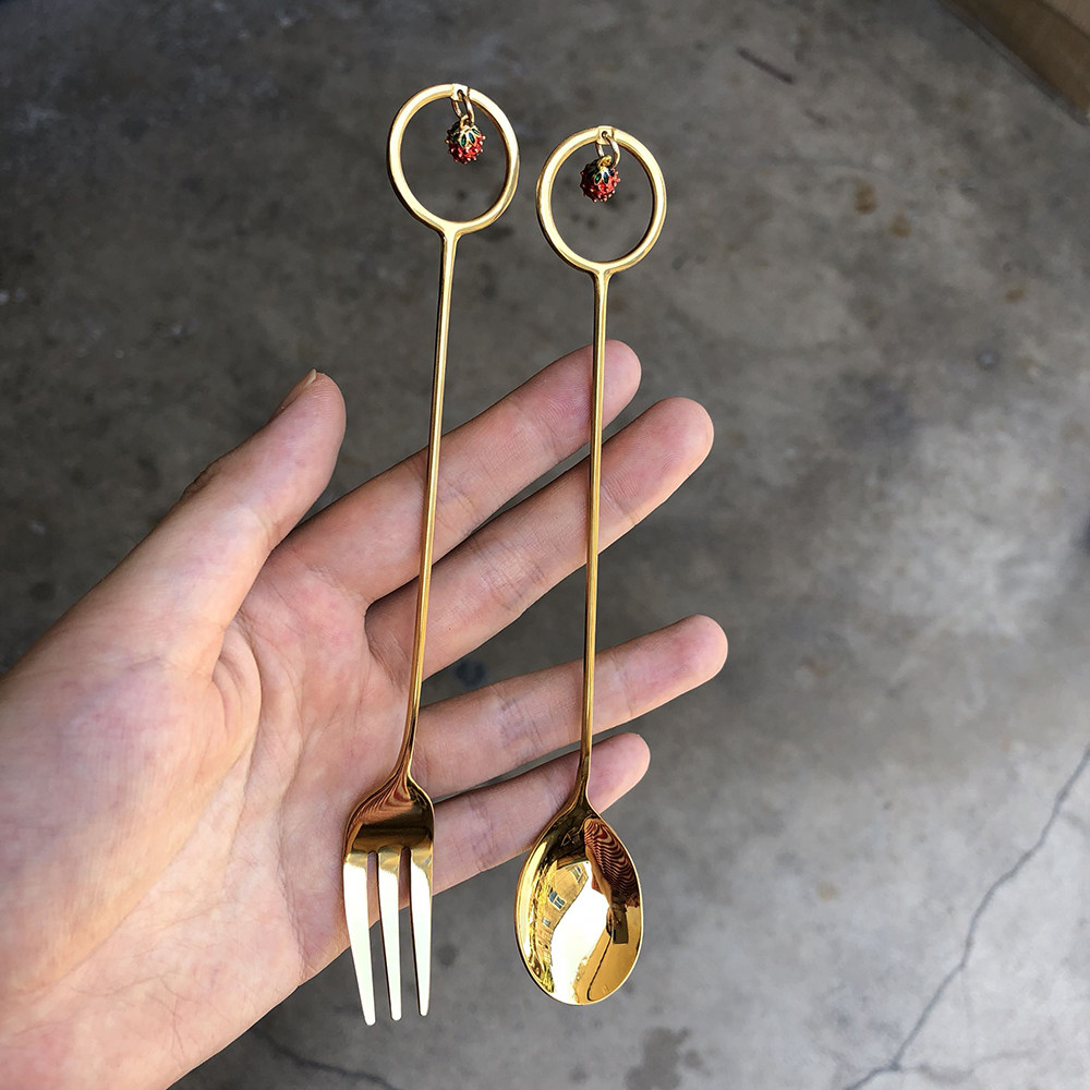 Japan Imports Stainless Steel Gilded Strawberry Pendant Ins Wind Cute Dessert Cake Coffee Spoon Fork Stir Stick