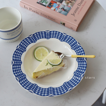 ES) Faffish Retro Blue Plaid Lace Ceramic Dinner Plate Deep Disc Ins Wind Teenage Pastry Dish Flat Pan
