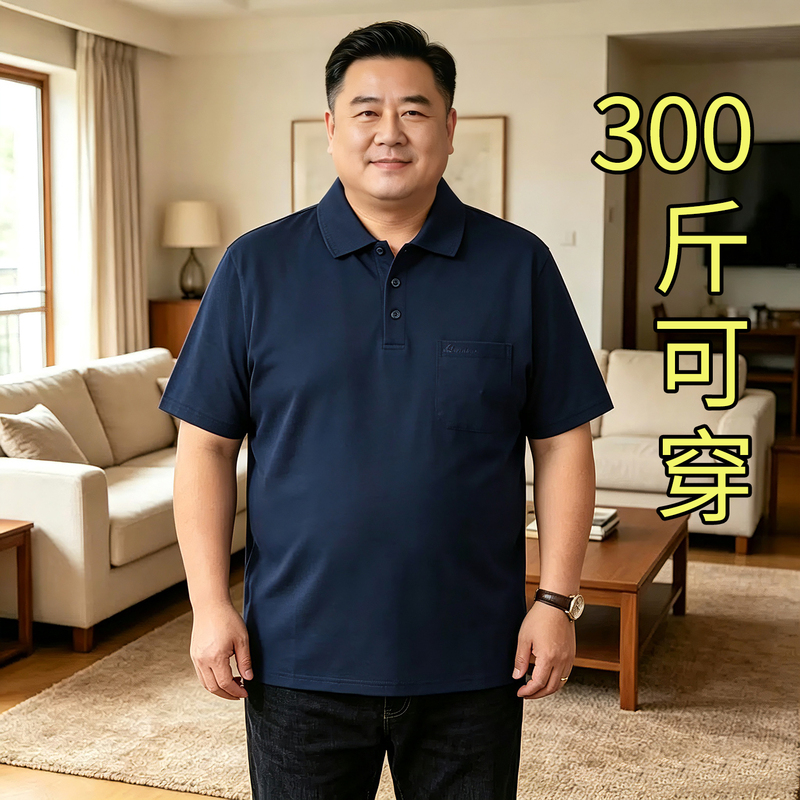 Men's Plus Size Pure Cotton Summer Polo Shirt with a Turn-Down Collar, Short Sleeves, Extra Large T-Shirt for Middle-Aged and Elderly People, for Overweight Men 150kg