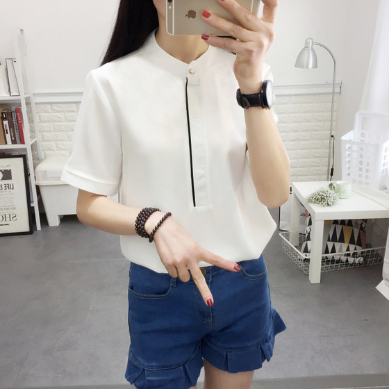 Summer new white chiffon shirt women's short-sleeved Korean style student large size loose stand-up collar shirt small fresh top