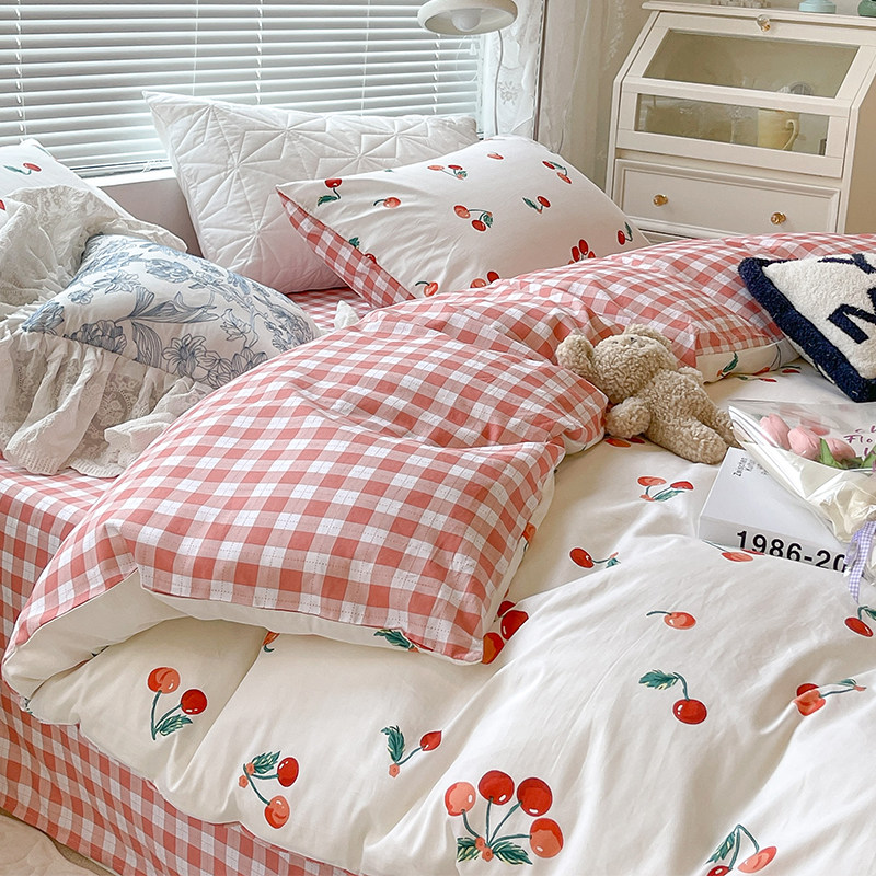 Korean Girl Cream Cherry Pure Cotton Four Pieces Cute Little Fresh All Cotton Ins Bed Linen 3 pieces Bed Goods