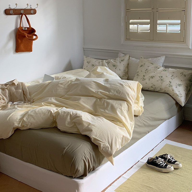 Korean cream Cream Crushed Flowers Pure Cotton Four Pieces Ins Pure Cotton Quilt Cover 1 5m1 8 m Washed Cotton Sheet Bed