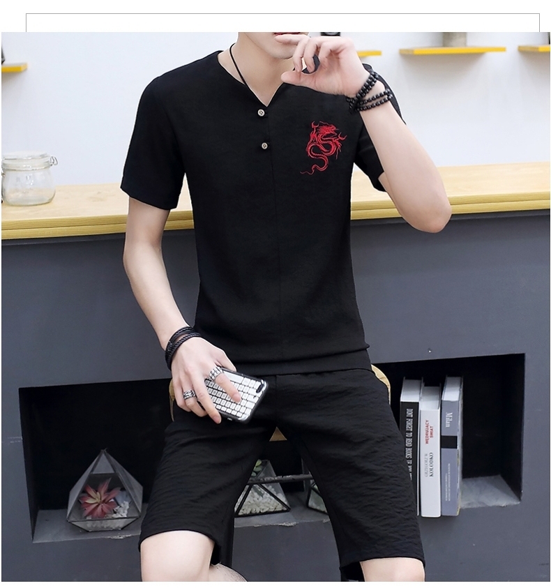 Bộ đồ ngắn tay nam mùa hè phiên bản Hàn Quốc của mẫu áo thun nửa tay đẹp trai giản dị hai mảnh nam kiểu Trung Quốc set đồ - Bộ đồ đồ bộ thể thao