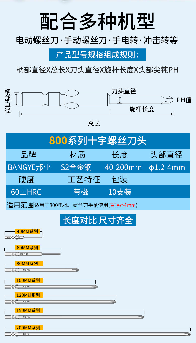 Сверло 邦业s2钢40-200电批咀3c电动螺丝刀800电批头强磁十字电钻头起子