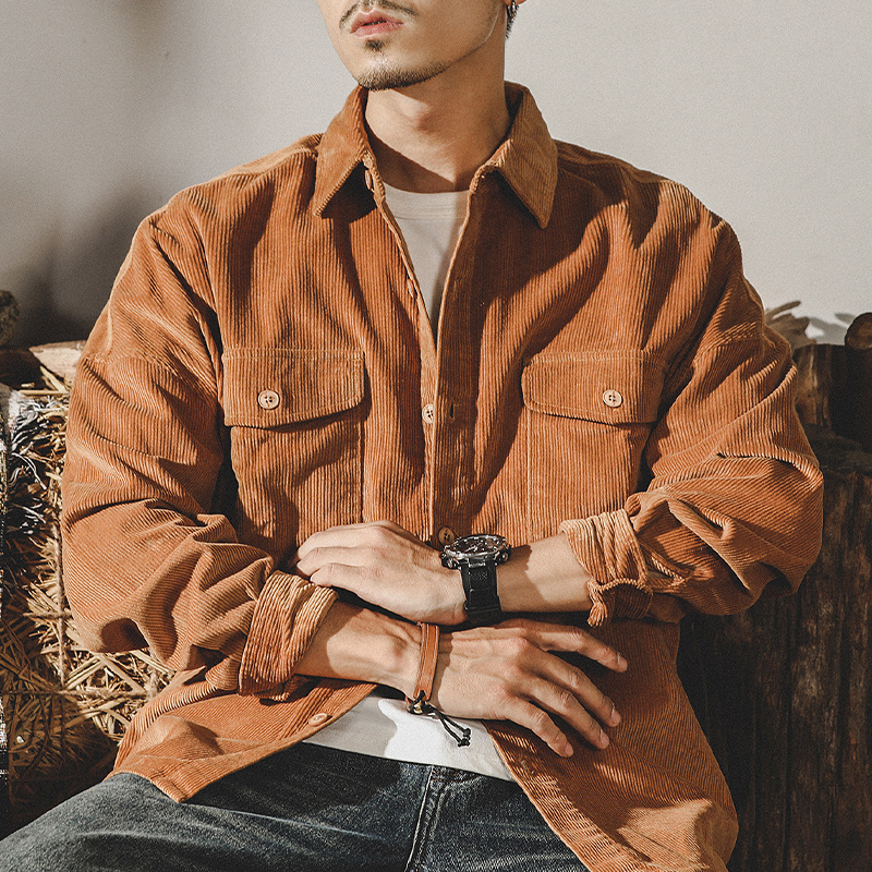 アメリカンヘビーウェイトレトロシャツメンズ長袖春イントレンドブランドルーズアミカーキコーデュロイワークウェアジャケット