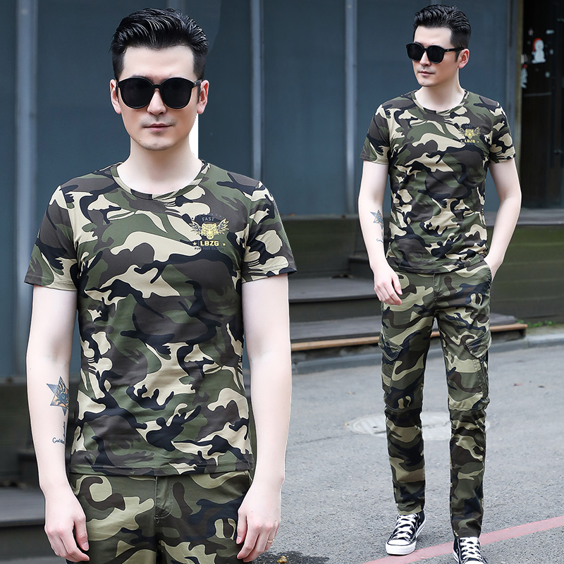 Men's camouflage short-sleeved T-shirt 2019 summer camouflage suit suit Military uniform Special forces camouflage combat training suit two-piece set
