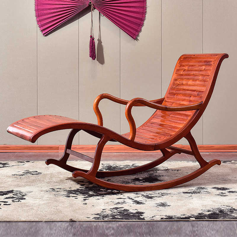 Red Wood Furniture Myanmar Flowers Pear Rocking Chair Balcony Rocking Chair Full Solid Wood Deck Chair Grown-up Rocking Chair Seniors Afternoon Nap Chair