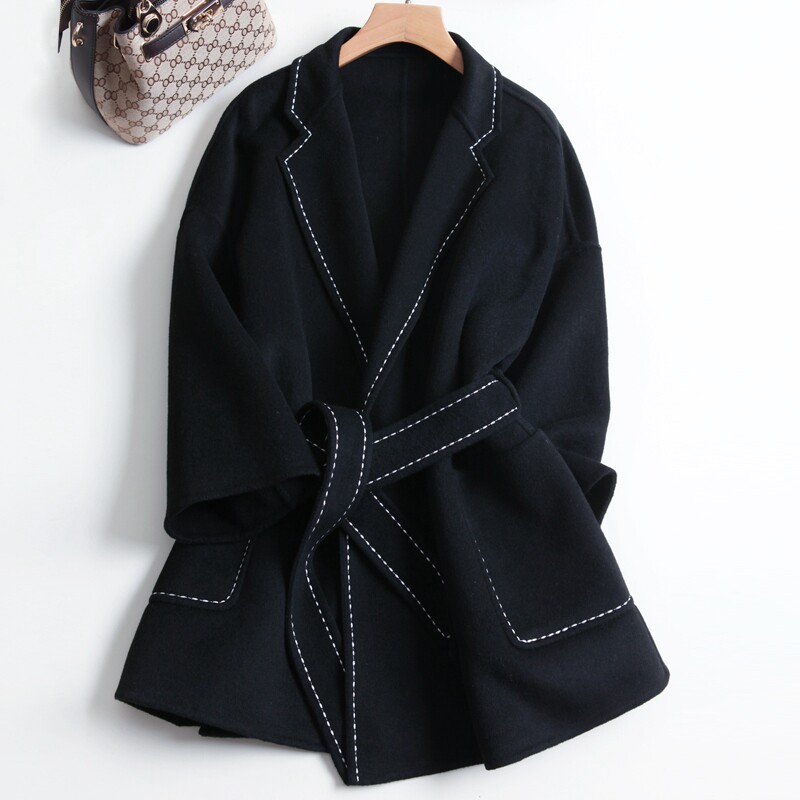 Gross jacket woman small sub autumn winter temperament Herben wind bump color bright line lacing to collect waist wool double face, great coat