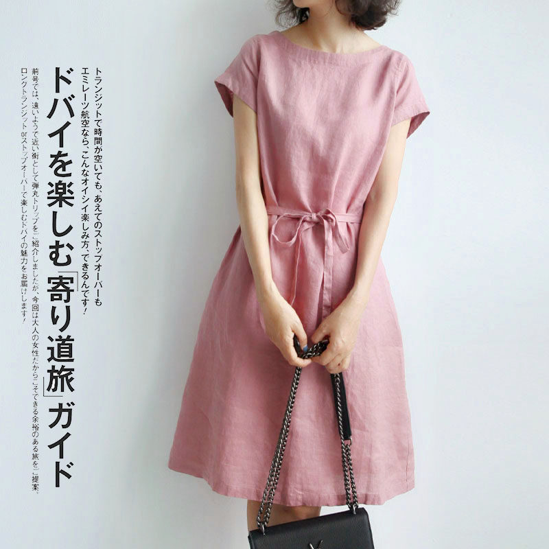 Linen Dress Woman 2021 new Summer Korean version Jacket Head Loose slim medium long version of lace collection waist cotton linen dress