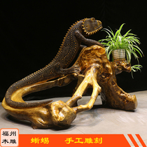  Ebony wood carving lizard ornaments Phoenix Ruyi solid wood animal living room office decoration Camphor wood carving gifts