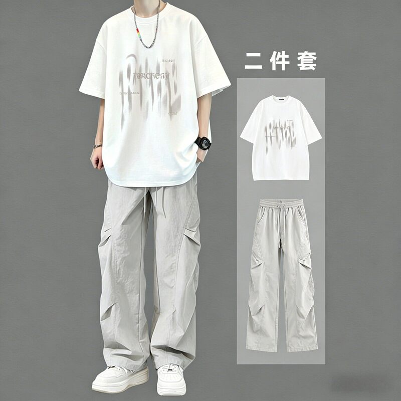 Pure Cotton Short-Sleeved T-Shirt for Men, Summer 2026 New Style, Youth Casual Sports Suit, Trendy Two-Piece Set