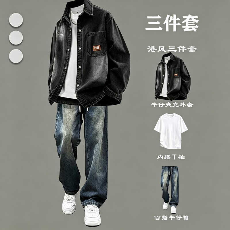American-Style Trendy Brand Thin Denim Jacket Men's Spring and Autumn Shirt Casual Set Men's Outfit Paired with Jeans American-Style Trendy Brand Thin Denim Jacket Men's Spring and Autumn Shirt Casual Set Men's Outfit Paired with Jeans
