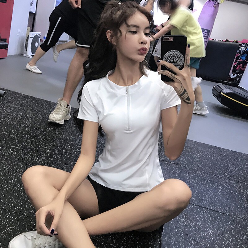 Sports top women's summer new half zipper short-sleeved slim fit slim mesh beautiful back quick-drying gym yoga clothes