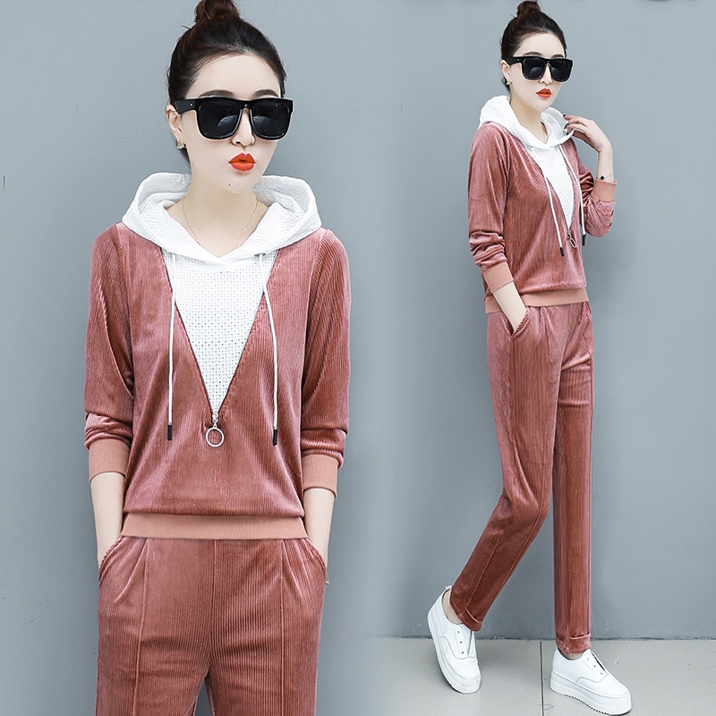 Sportswear bộ mùa xuân và mùa thu của phụ nữ 2019 mới của Hàn Quốc phiên bản của loose-fitting thời trang giản dị của phụ nữ quần áo cỡ lớn hai mảnh bộ triều loose-fitting