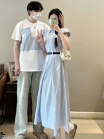 Синяя летняя длинная юбка, парная одежда, платье, для влюбленных, короткий рукав, А-силуэт