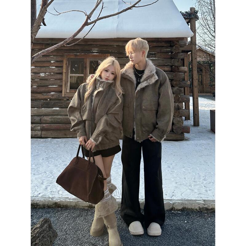 Couple's Outfit with Fur Collar, Thickened Cotton Jacket for Men and Women, Winter Suede Biker Warm Cotton Coat Leather Jacket