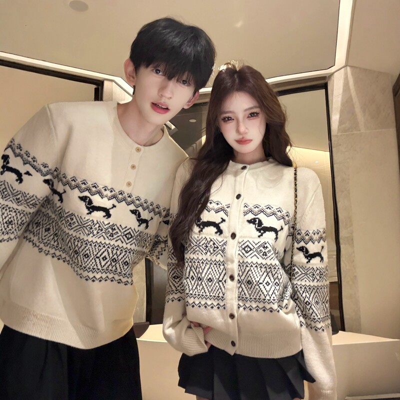 Fair Isle Style Couple's Clothing Retro Dachshund Sweater for Men and Women 2026 New Lazy Style Knit Cardigan Jacket