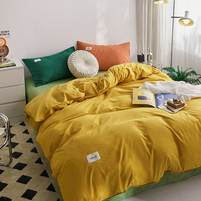 Full cotton washed cotton pure color double spelling brief about four pieces of pure cotton bumped color bed Ogasawara bed bag set to make a student