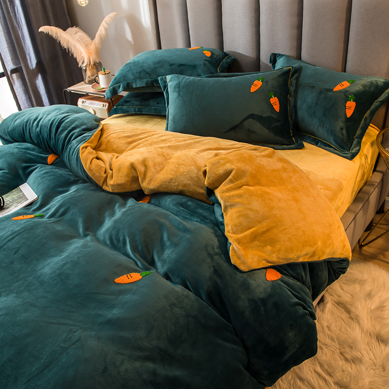 Nordic thickened milk velvet embroidery warm four-piece set of 1 8m bed dorm fitted sheet bed package group single rental room