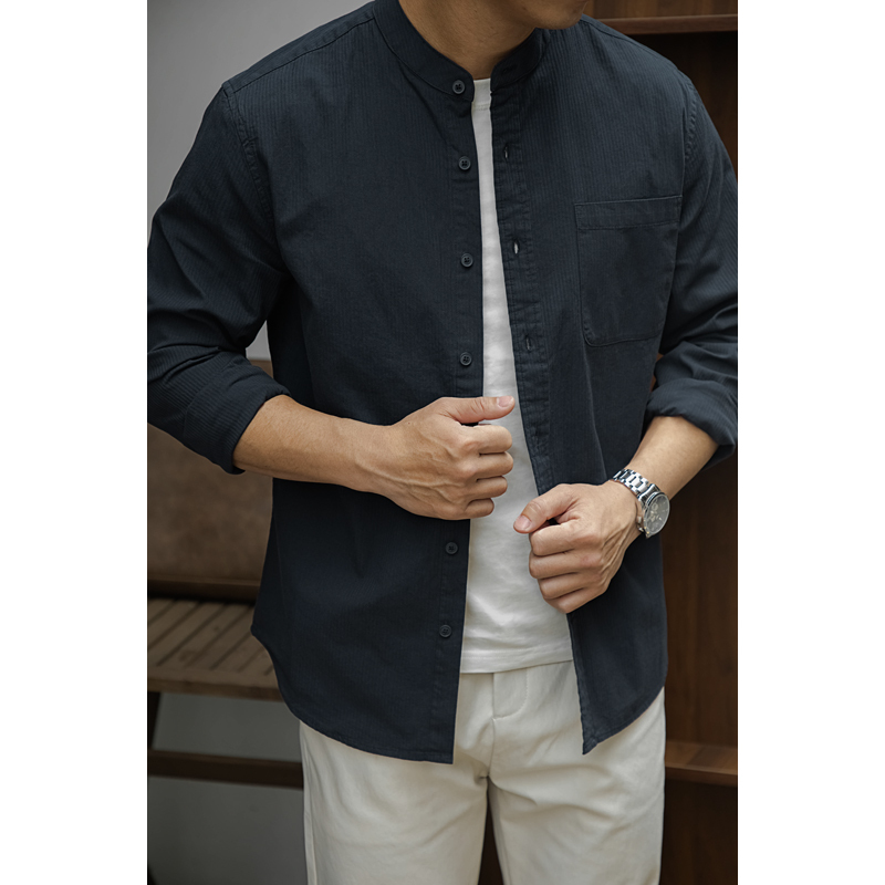 Men's Long-Sleeved Baseball Collar Shirt with Herringbone Pattern, Pure Cotton, Stand Collar, American Casual Style, Suitable for Outerwear