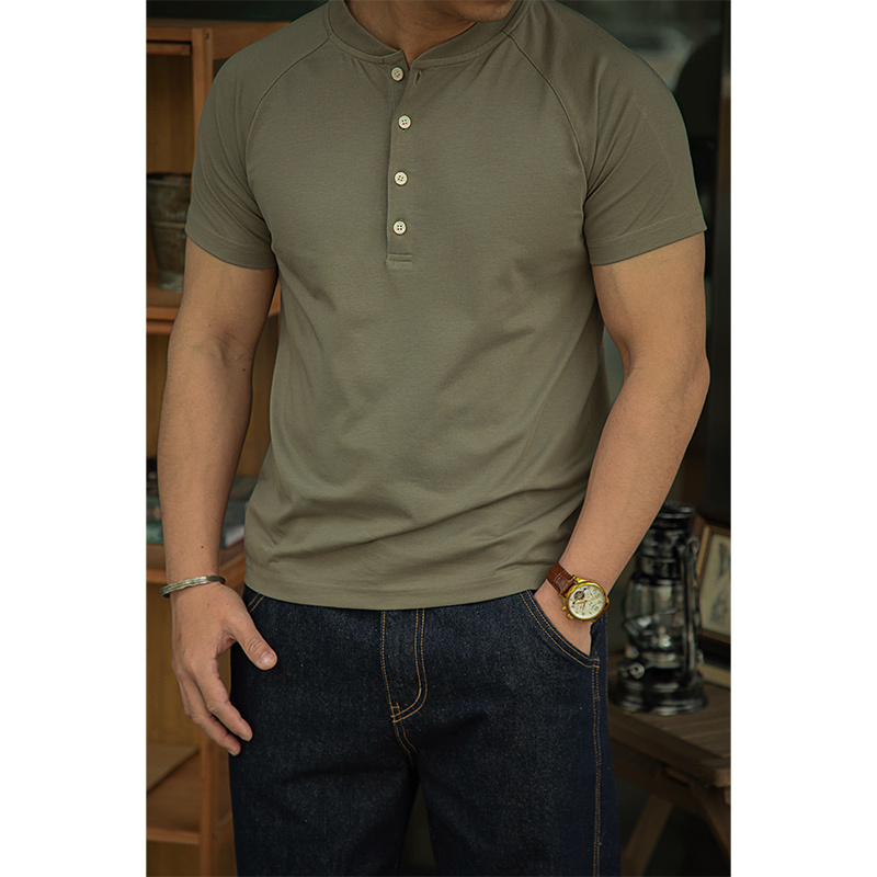 Wuren workwear American retro cool Sorona 230g Henley collar T-shirt raglan short-sleeve breathable men's summer.