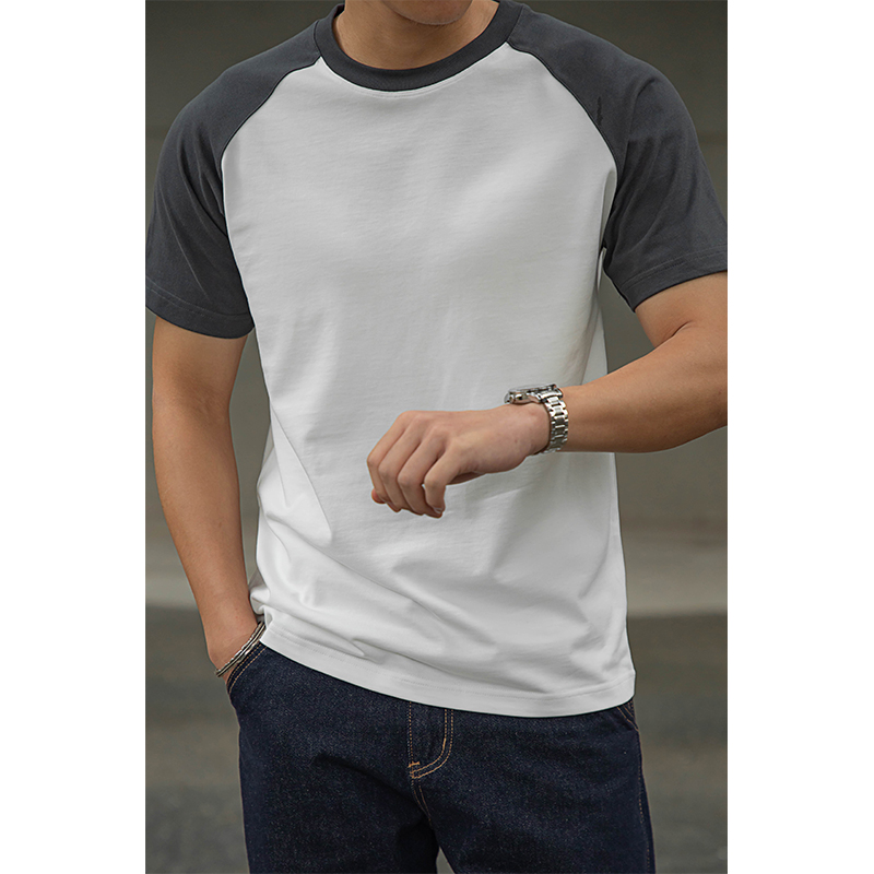 Wuren レトロ アメリカンカジュアル 305g ヘビーラグランスリーブ カラーブロック Tシャツ ロング プラッシュコットン 通気性 半袖 夏 メンズ