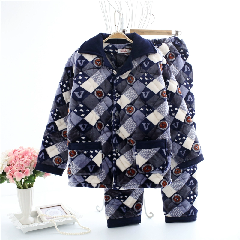 Mùa đông nam ba lớp dày flannel đồ ngủ quilted trung niên nam cộng với nhung ấm áo khoác cotton phù hợp với dịch vụ nhà đồ ngủ nam hàn quốc