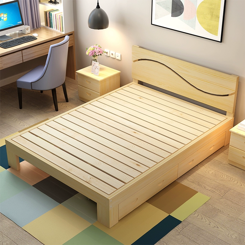 Đơn giản 1.8 nền kinh tế tấm thông đôi người gỗ rắn miễn phí sơn giường cho thuê phòng gỗ rắn giường Bắc Kinh gói cài đặt - Giường