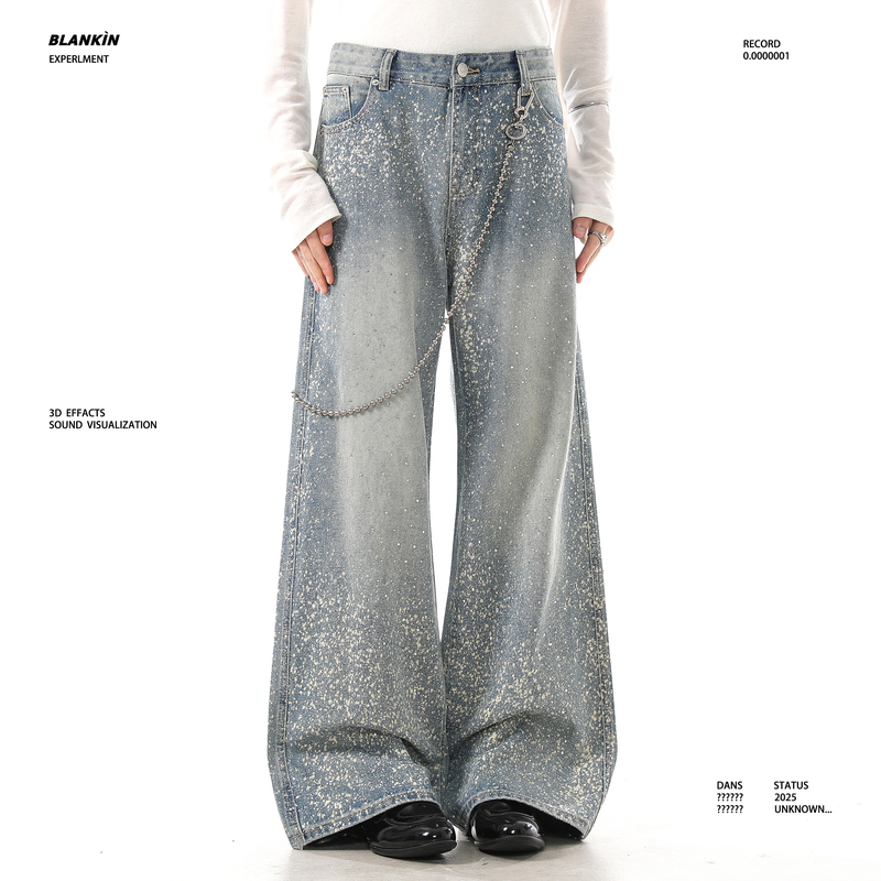 Blankin Design-Inspired Starry Sky Rhinestone Sparkling Washed Blue Jeans Loose Straight Wide-Leg Casual Pants for Couples