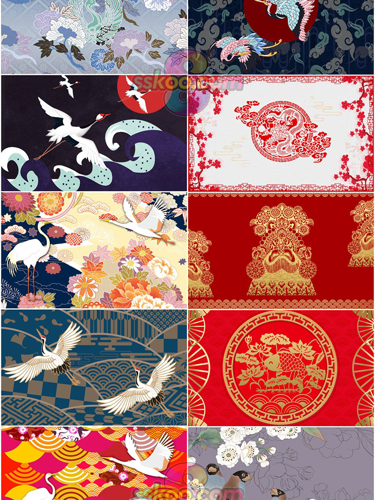 国潮中国风祥云白鹤龙凤传统元素电视背景墙装饰画模板PSD素材插图7