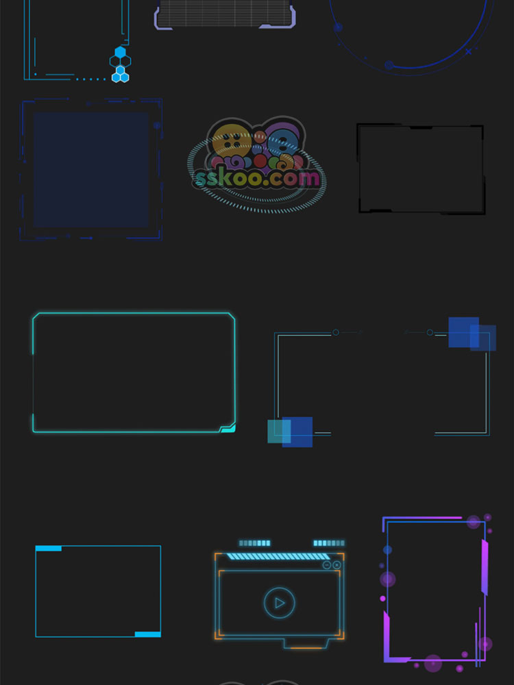 炫酷HUD科幻科技边框蓝色渐变方框科技感png免扣元素组件模板素材插图3