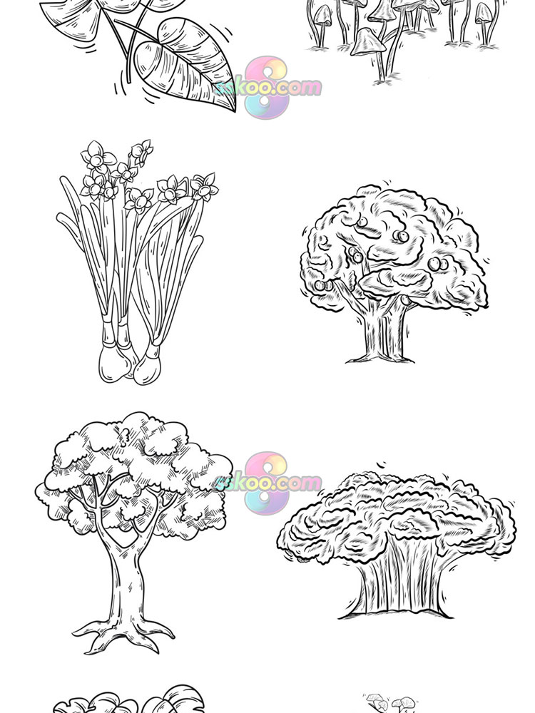 手绘卡通黑白植物花卉树木手稿简笔画线条素描PNG免抠设计素材插图7