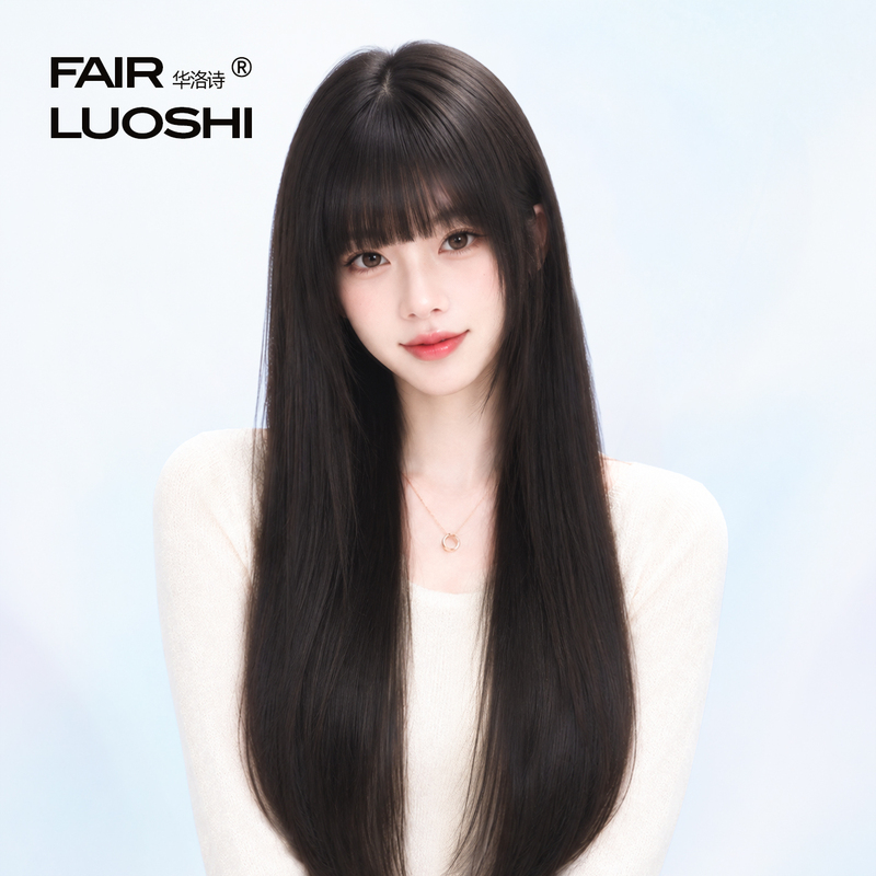 Full Head Wig for Women, Real Human Hair, Black, Long, Straight, with Bangs, Full Real Hair, Invisible, Seamless, Full Wig Set