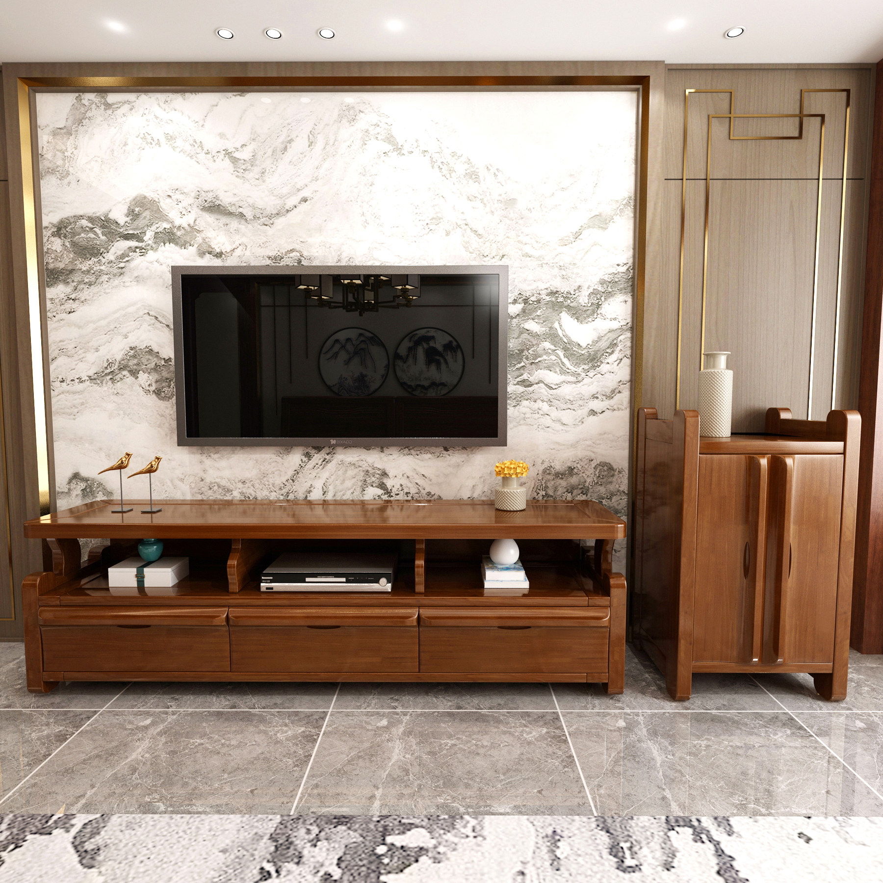 Full solid wood TV cabinet modern small family style minimalist living-room cabinet storage ground cabinet TV cabinet Tea Cabinet Light Lavish Furniture