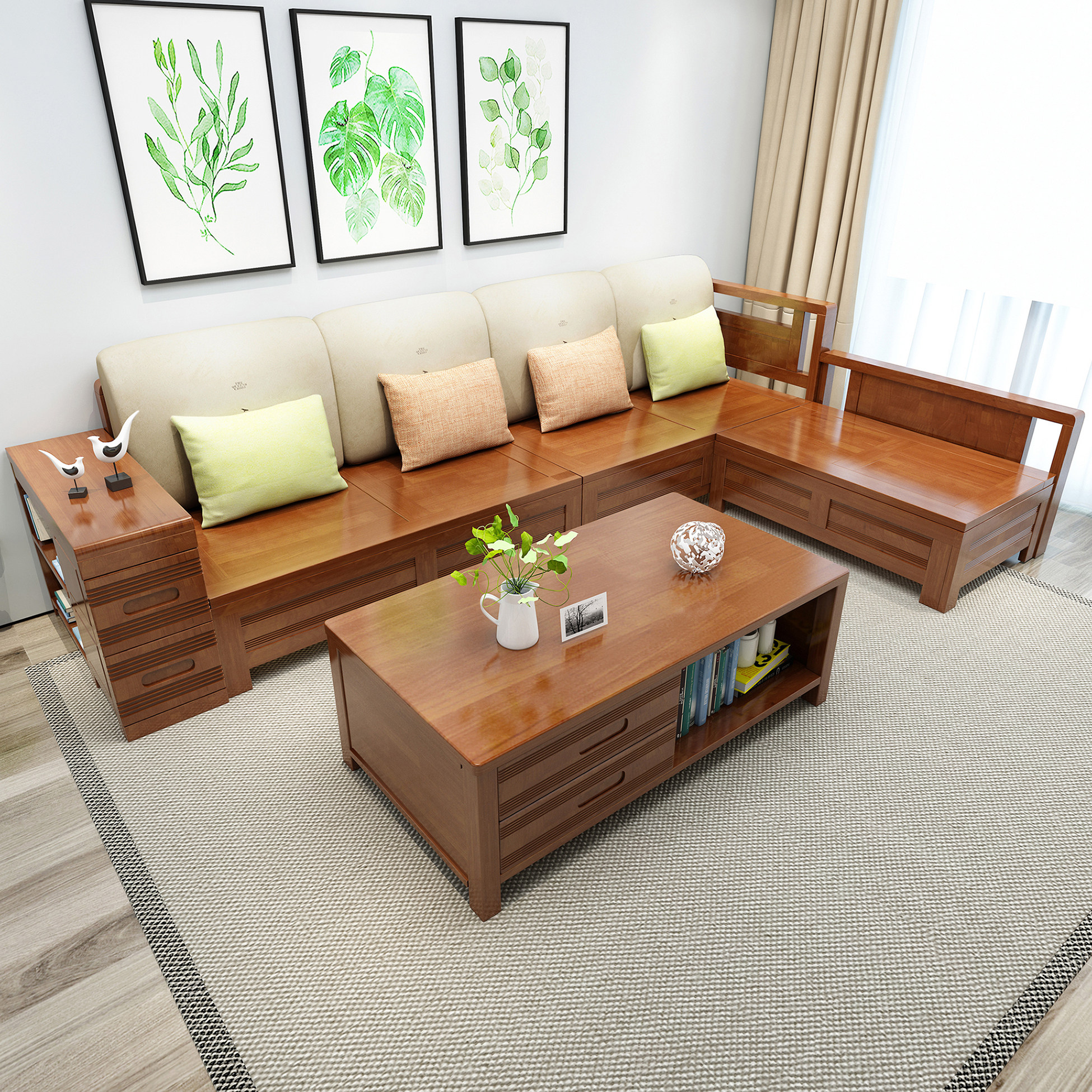Modern Chinese solid wood sofa combined winter and summer dual purpose living room corner multifunctional storage Guido small family furniture