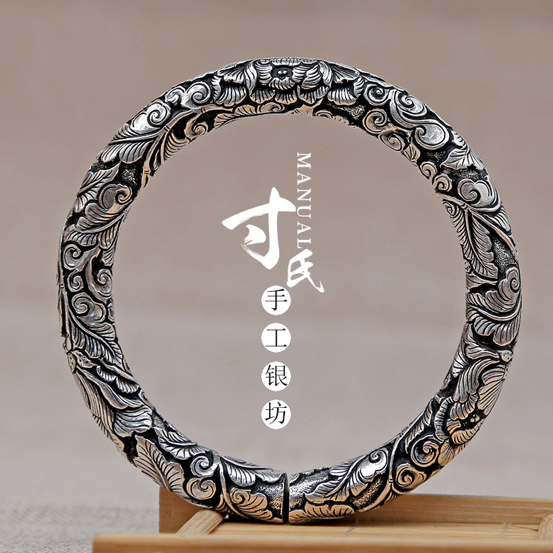 Inch silver original handmade 99 sterling silver old silversmith handmade silver bracelet Retro women's ethnic style silver ornament blooming peony