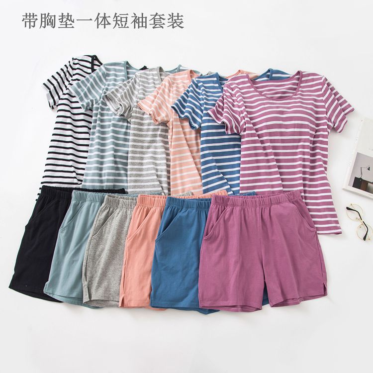 Modal with chest pad short-sleeved suit women's pajamas summer bra-free cotton shorts loose home clothes two-piece set
