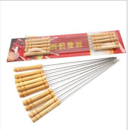 Stainless steel barbecue needle wooden handle barbecue needle outdoor barbecue needle mutton skewer barbecue stick steel sign iron sign 10 pack