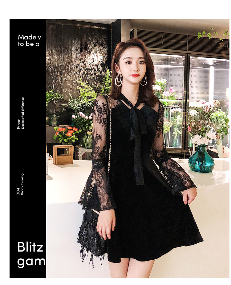 VK旗艦店 韓系蕾絲蝴蝶結喇叭袖絲絨氣質顯瘦長袖洋裝