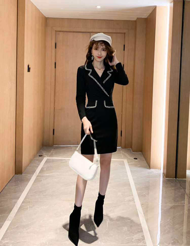 VK旗艦店 韓系修身優雅西服領黑色氣質顯瘦長袖洋裝