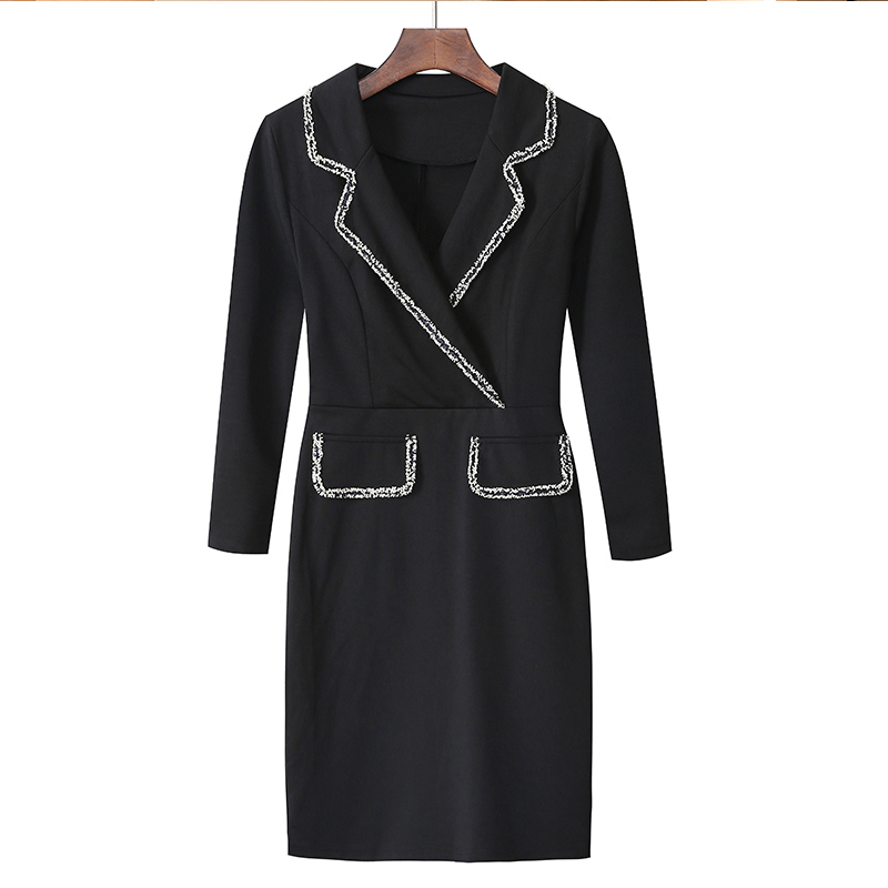 VK旗艦店 韓系修身優雅西服領黑色氣質顯瘦長袖洋裝