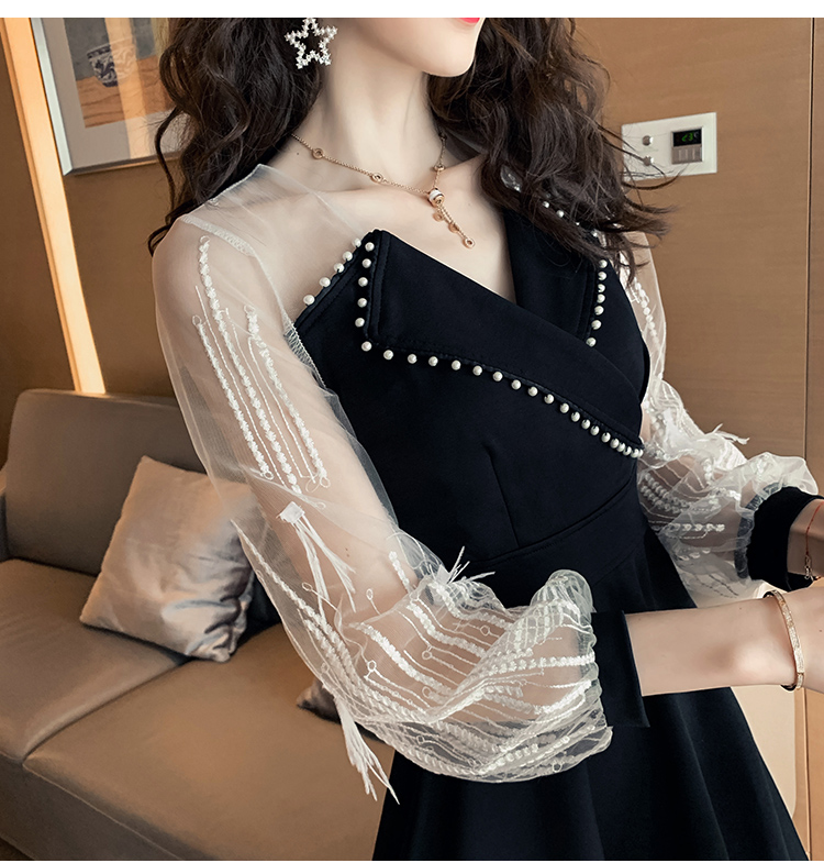 VK旗艦店 韓國風刺繡蕾絲羽毛釘珠西服領長袖洋裝