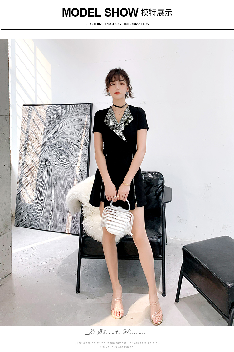 VK旗艦店 韓系開叉燙鑽領時尚套裝短袖裙裝