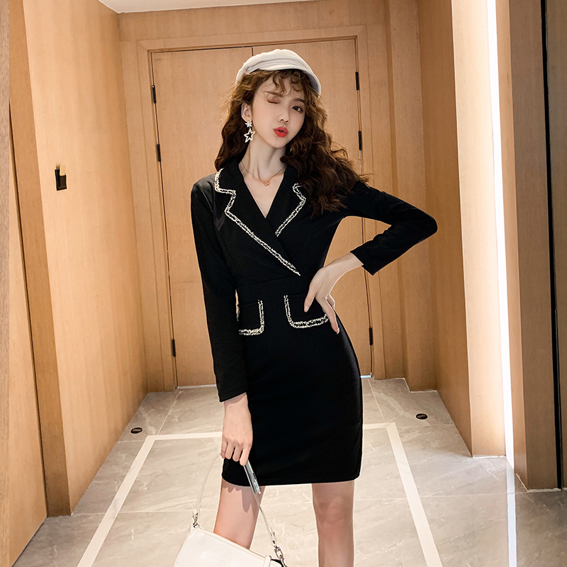 VK旗艦店 韓系修身優雅西服領黑色氣質顯瘦長袖洋裝