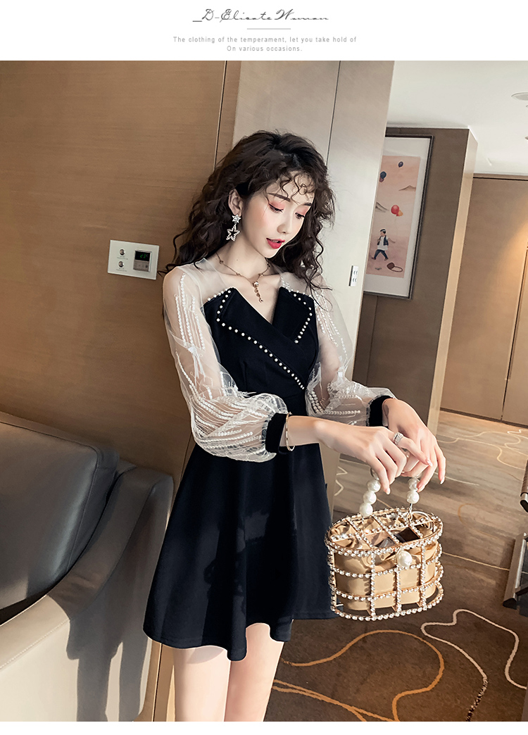 VK旗艦店 韓國風刺繡蕾絲羽毛釘珠西服領長袖洋裝