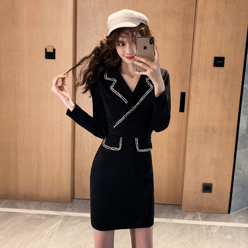 VK旗艦店 韓系修身優雅西服領黑色氣質顯瘦長袖洋裝