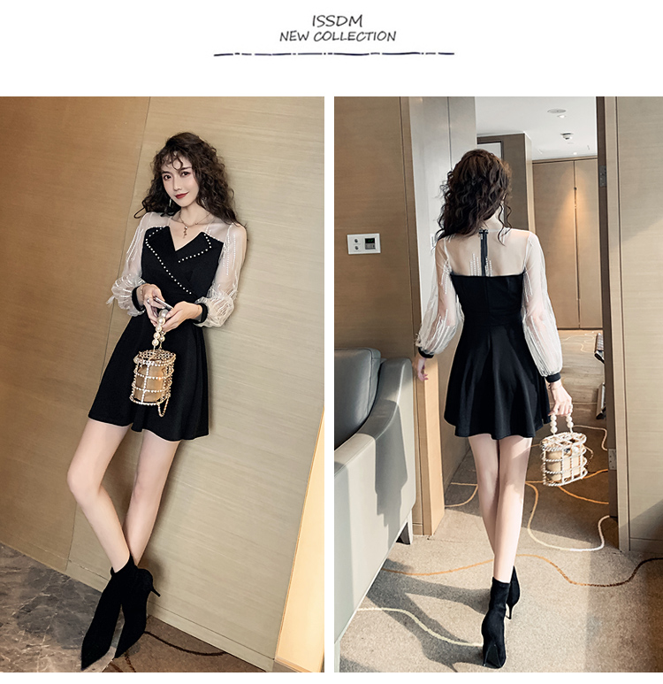 VK旗艦店 韓國風刺繡蕾絲羽毛釘珠西服領長袖洋裝